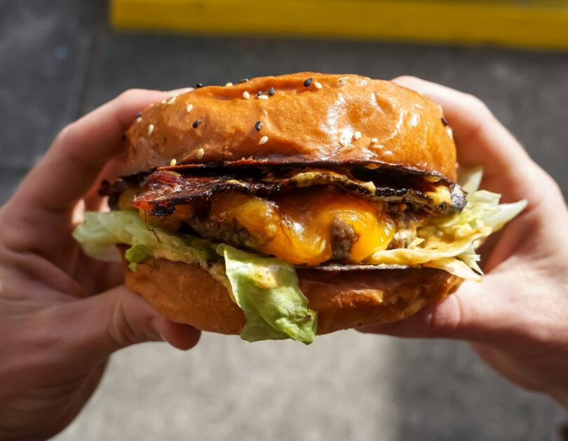 person holding cheese burger