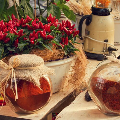 a table topped with pots filled with red flowers