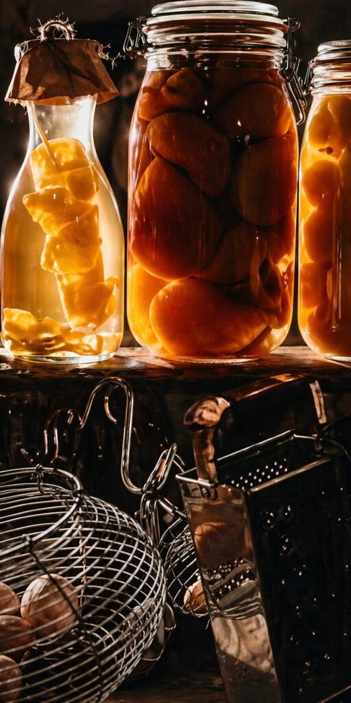 HOMEMADE PRESERVES make a colorful display in the kitchen.