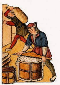 SALT HAS ALWAYS been a valuable commodity: this illustration from a French manuscript, dated 1528, shows the measuring of salt according to royal regulation.
